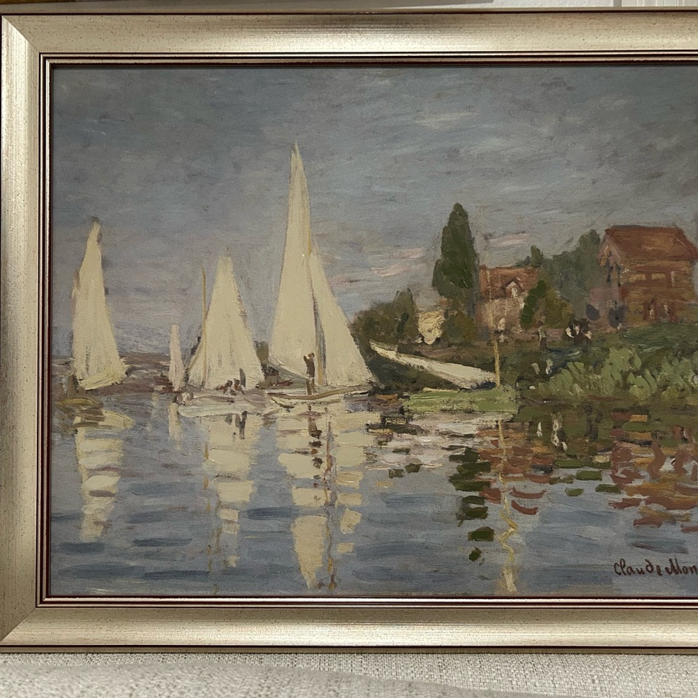 Elegant Sailboat Scene in Cream and Green Tones